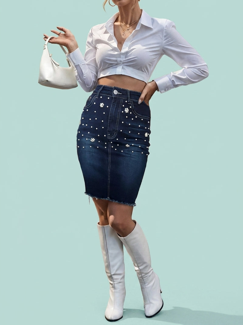 Stretch Denim Skirt Washed Beaded