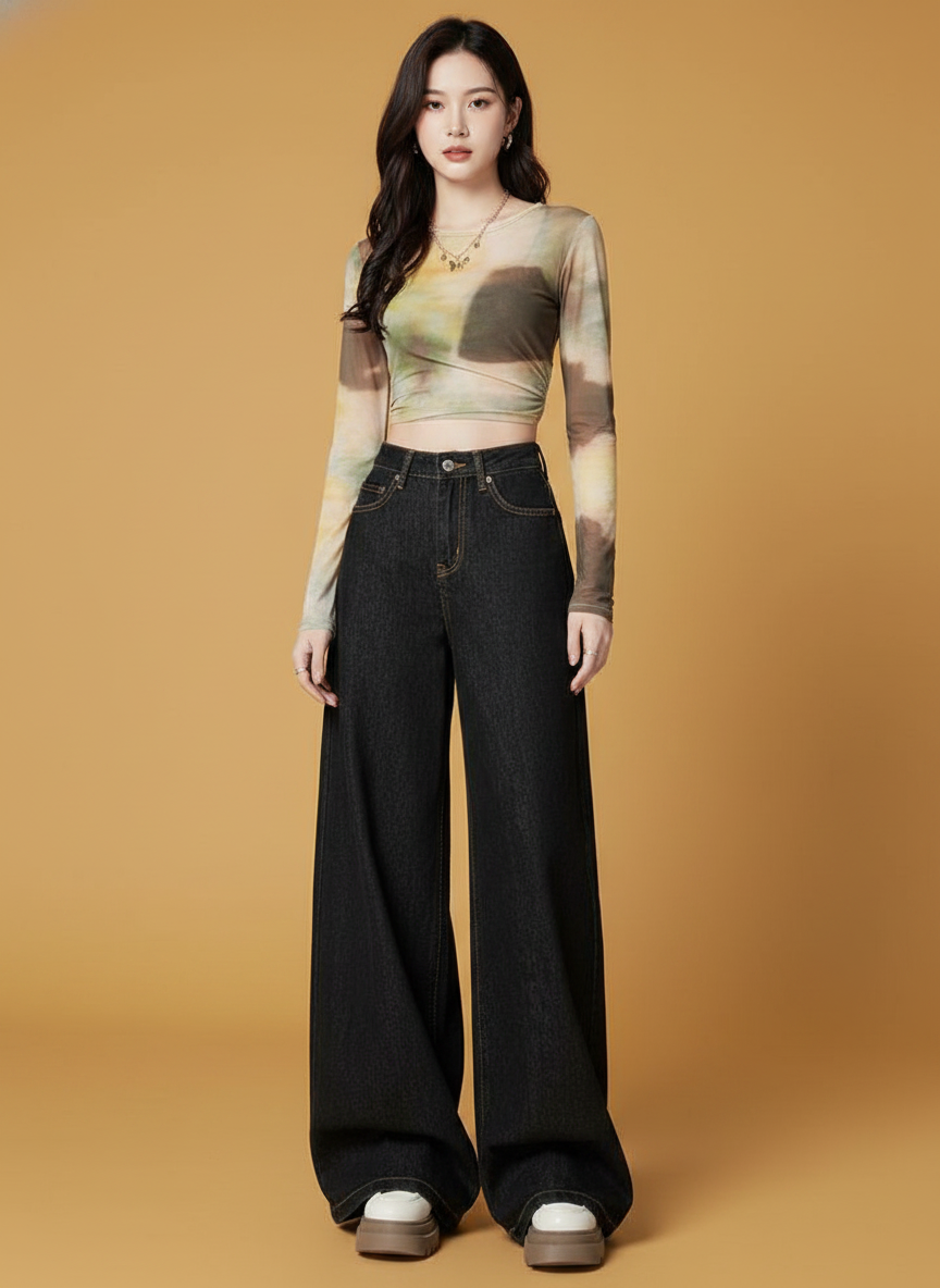 Retro Deep Blue Wide Leg Jeans
