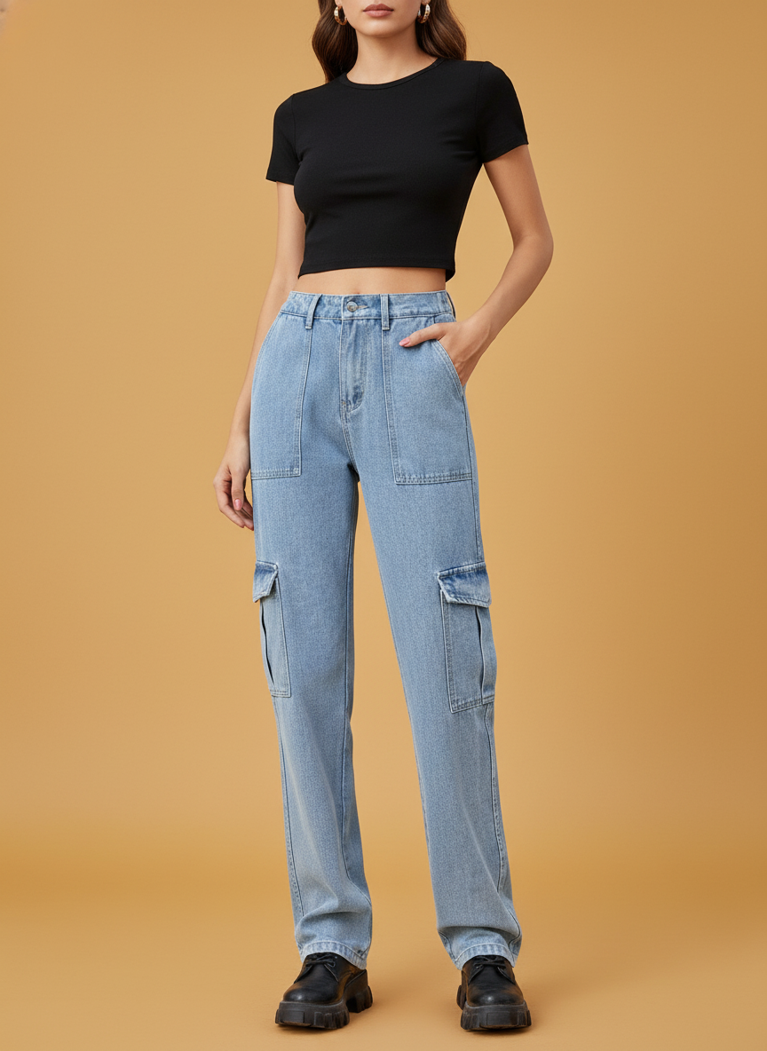 Retro Washed Half Elastic Design Jeans