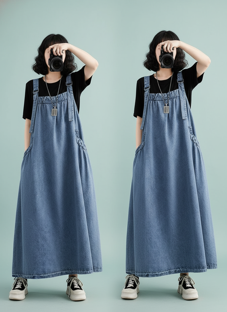 Strap Long Loose Slim Denim Skirt