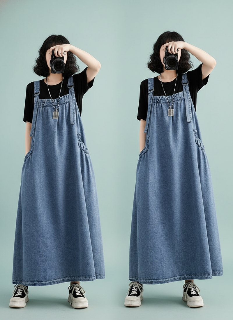 Strap Long Loose Slim Denim Skirt