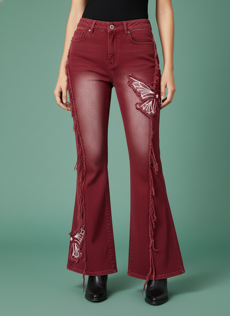 Fashionable Retro Butterfly Embroidered Jeans