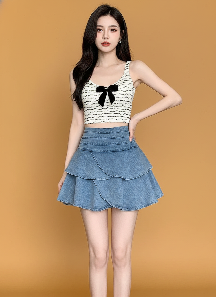 Denim Skirt Elastic Waist Lotus Leaf Border Light