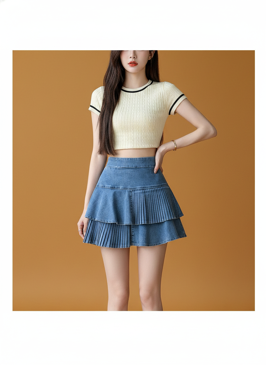 Elastic Waist Skirt Denim Cake
