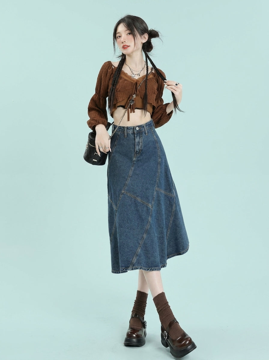 Long Skirt High Waist Denim Cross