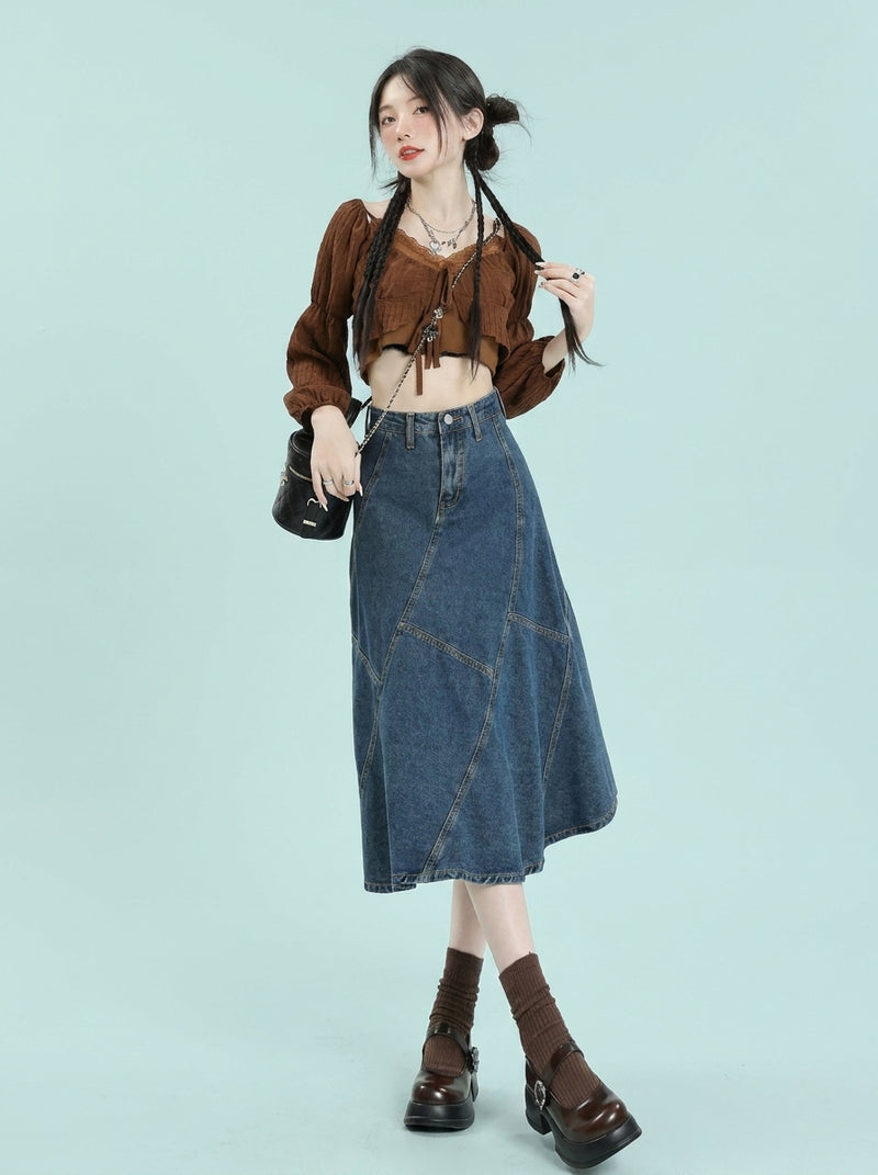 Long Skirt High Waist Denim Cross