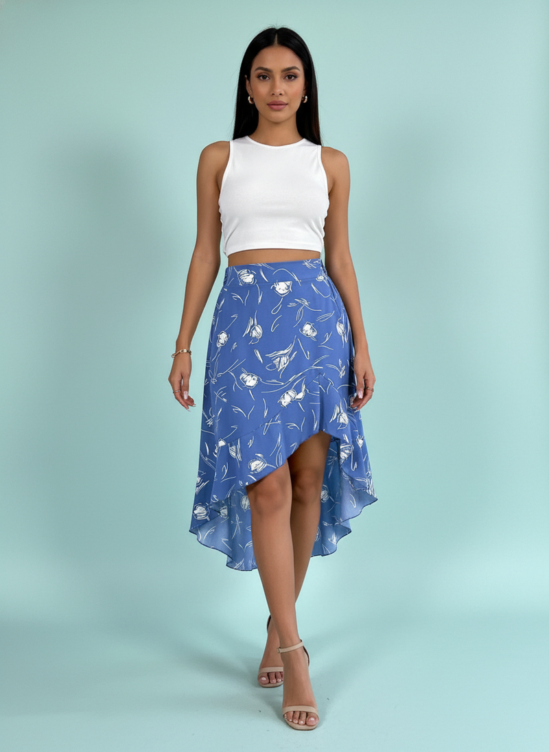 Floral Print Asymmetric Ruffle Midi Skirt