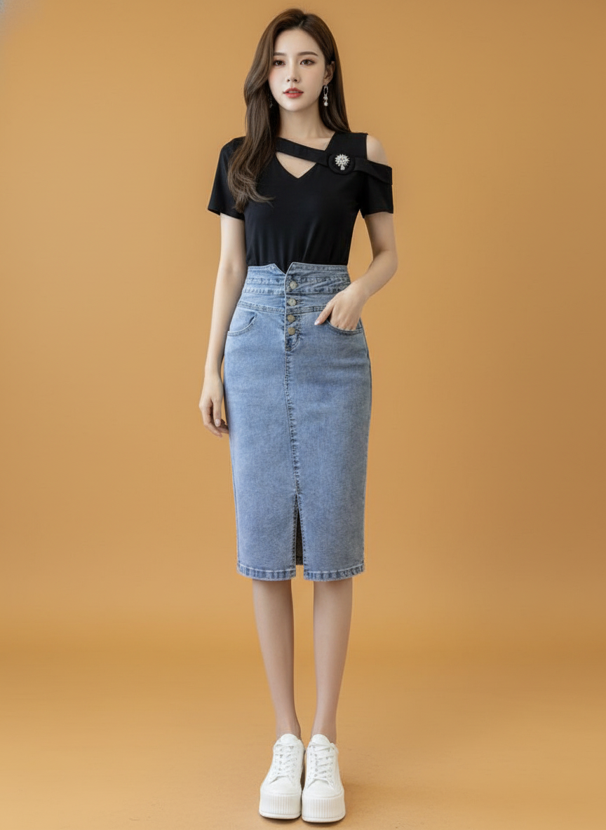 High Waisted Denim Wrap Hip Skirt Design