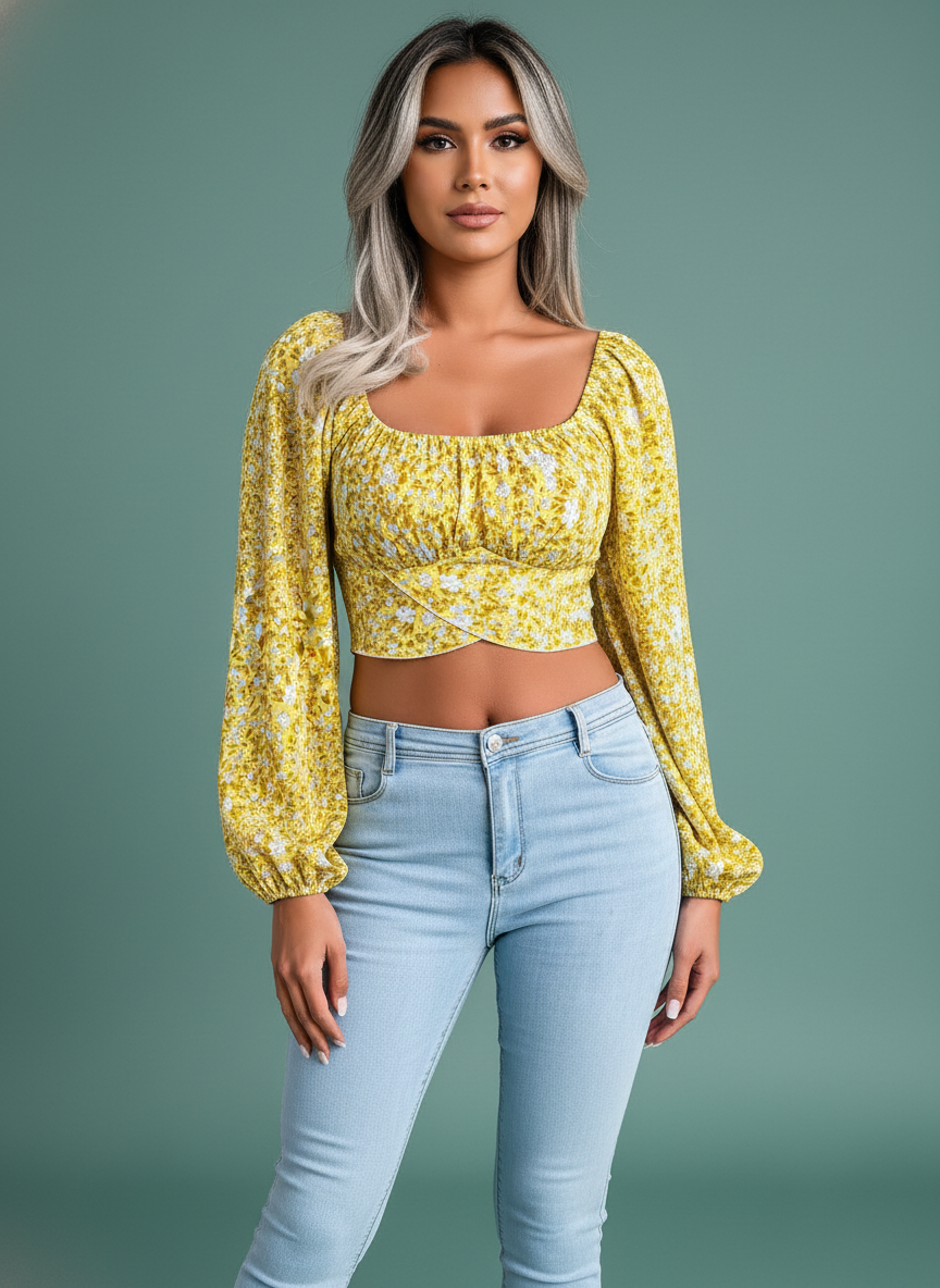 Lantern Sleeve Bow Floral Print Vacation Style Chiffon Crop