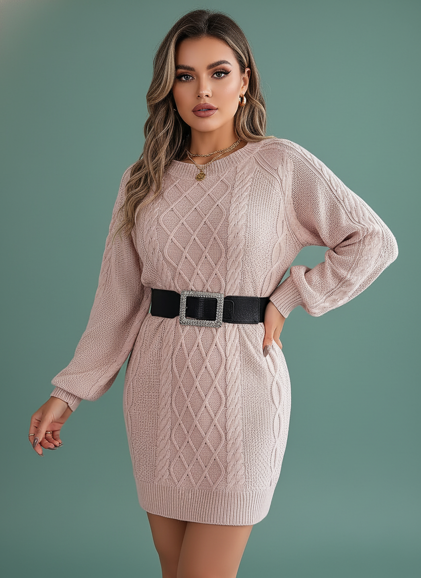 Solid Color Cable Knit Cinched Lantern Sleeve Sweater Dress