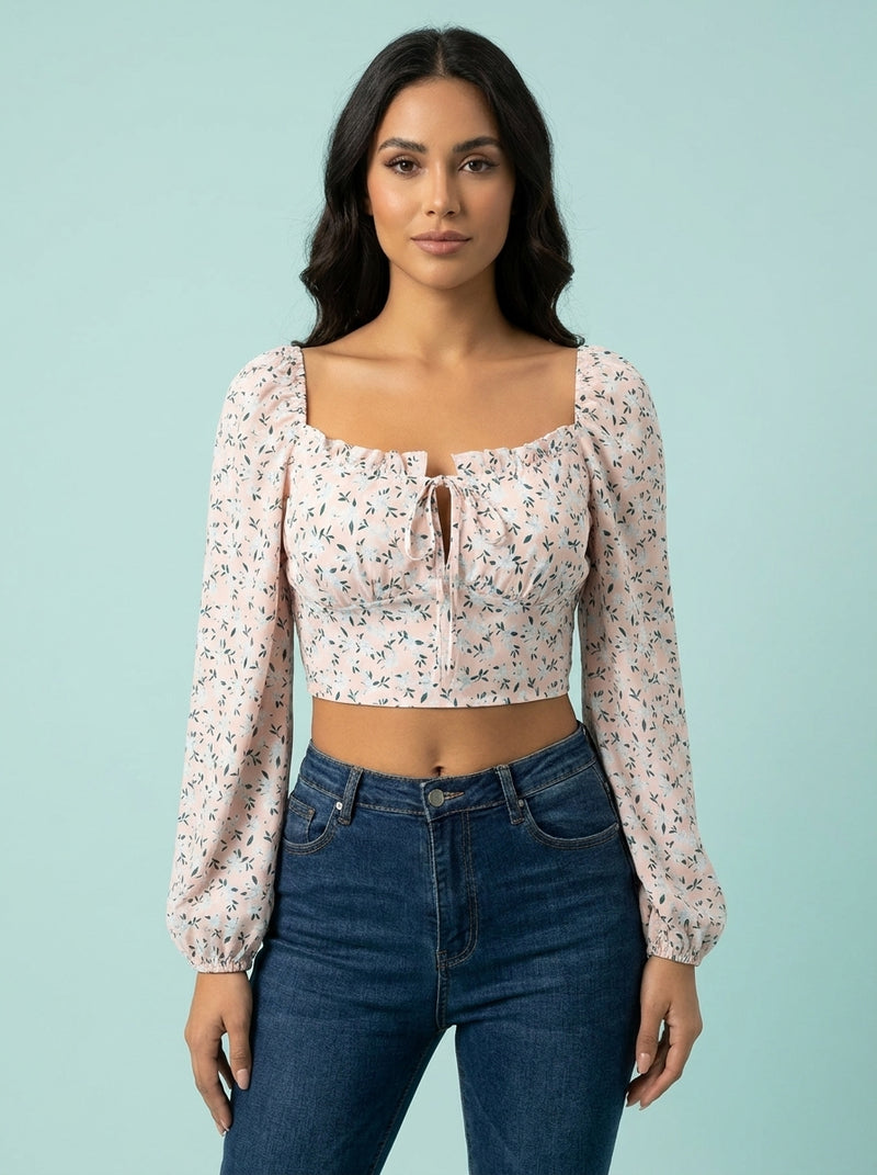 Sexy Ruffle Trim Tie Floral Print Chiffon Crop Top