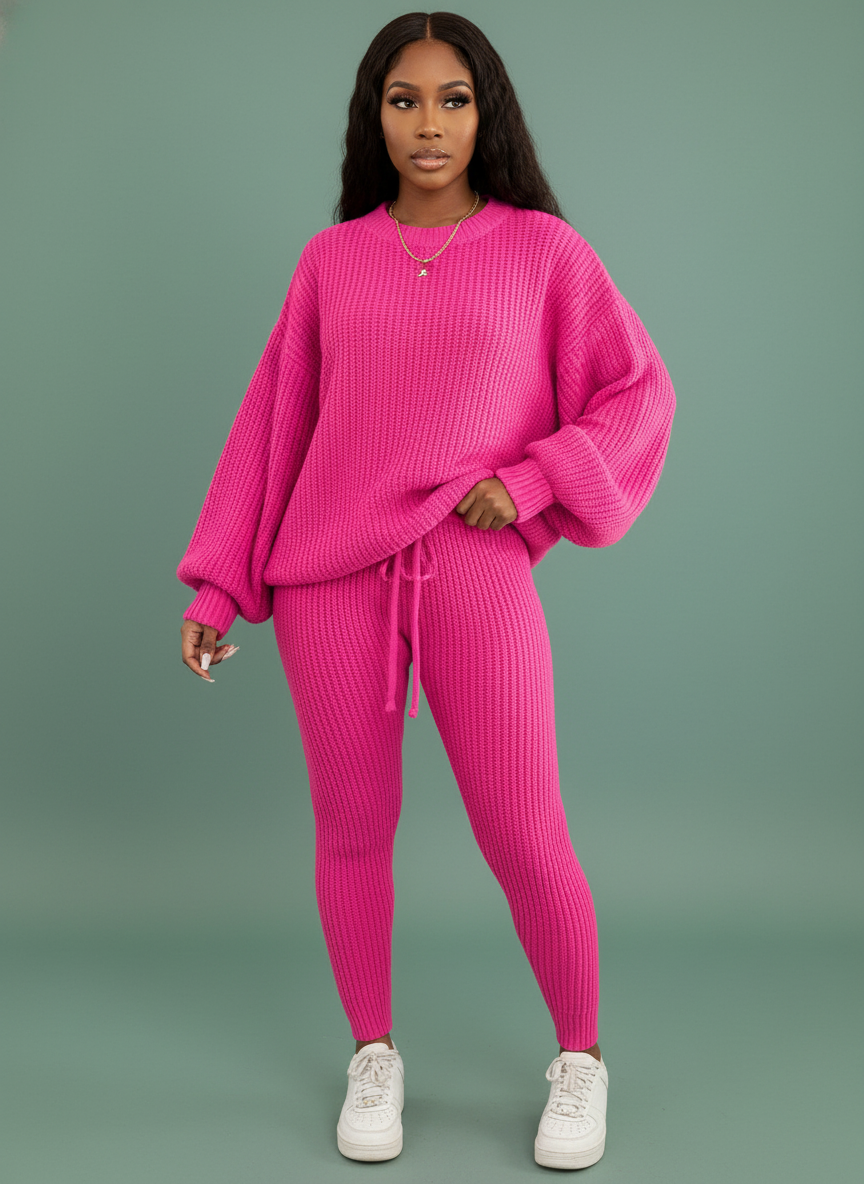 Ribbed Knit Suits Loose Pullover Sweater Top And Drawstring