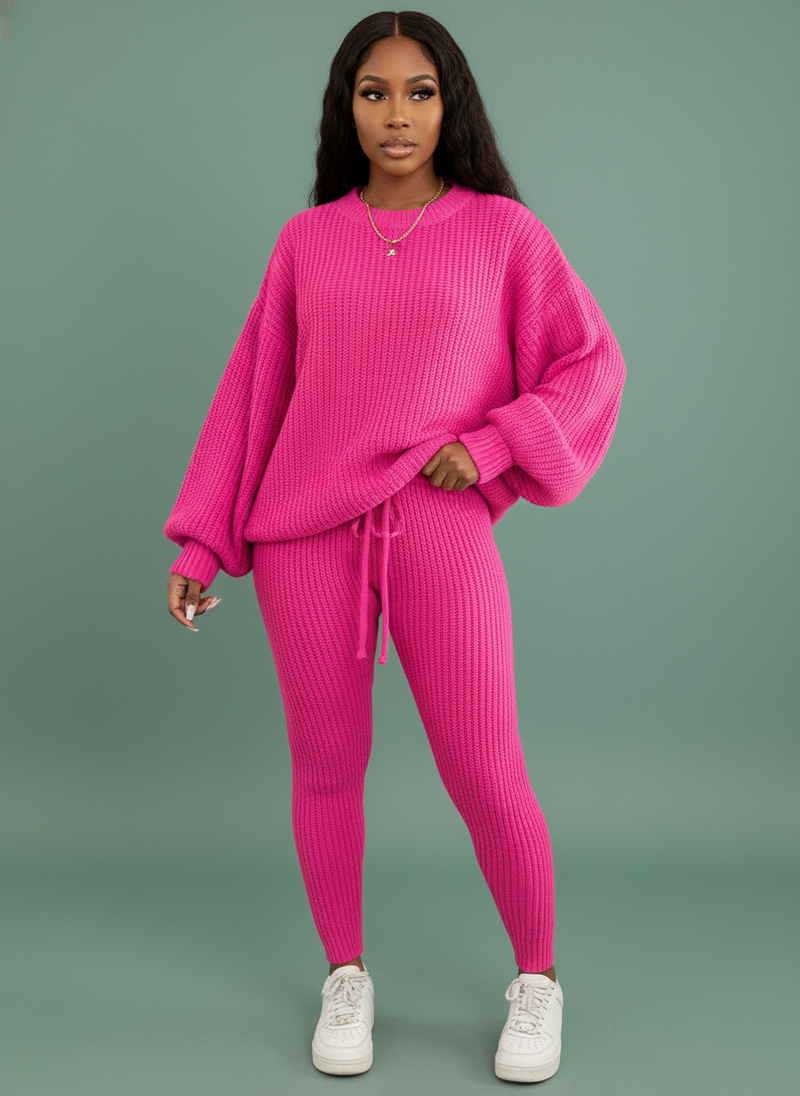 Ribbed Knit Suits Loose Pullover Sweater Top And Drawstring