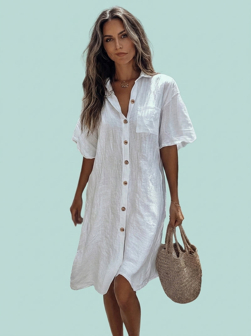 Solid Shirt Dress Lady Short Sleeve Button Loose Dresses