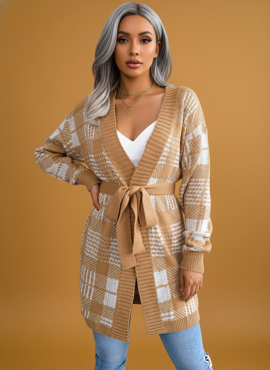 Plaid Tie Lantern Sleeve Cardigan Sweater