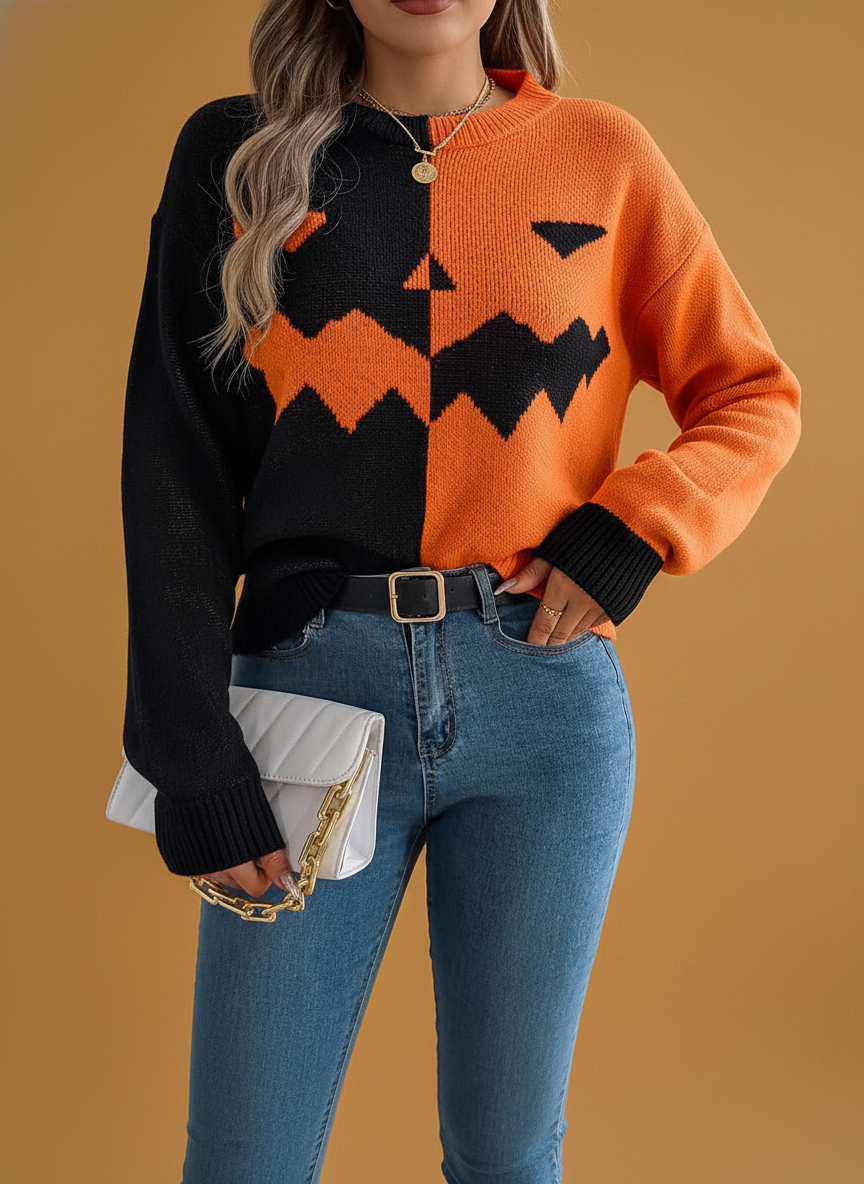 Ghost Pumpkin Color Block Long Sleeve Pullover Sweater