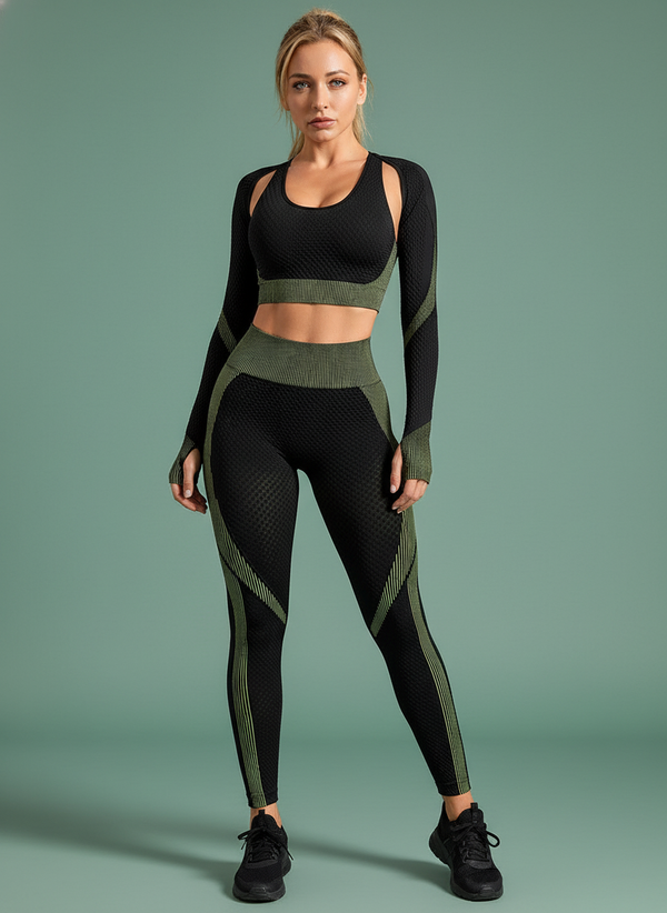 3PCS Yoga Set Seamless Sport Gym Clothing Leggings Crop Top