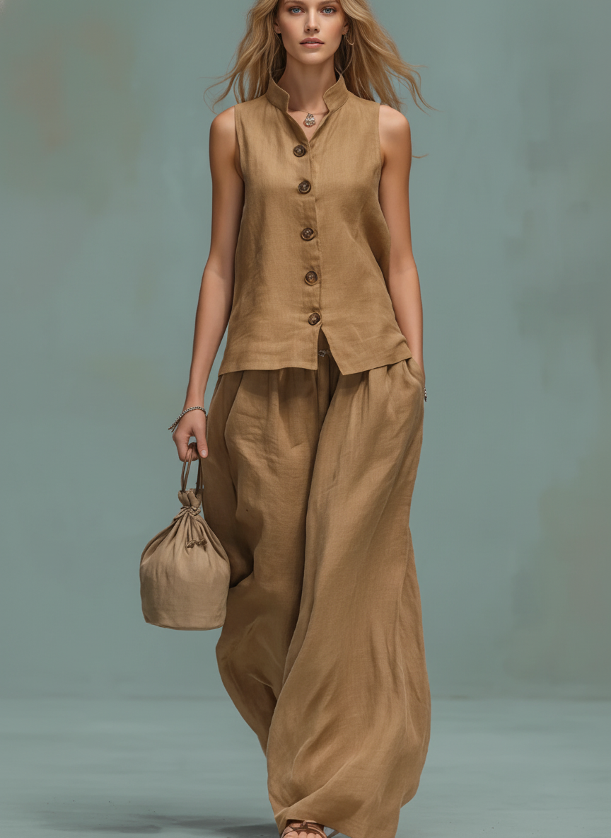 Two-Piece Stand Collar Sleeveless Vest And Matching Pants