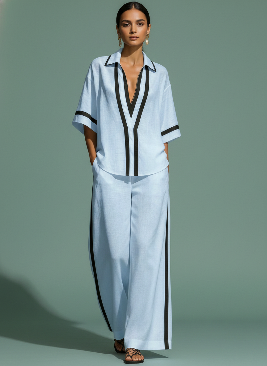 Color Block Short Sleeve Top And Wide Leg Pants Two Piece