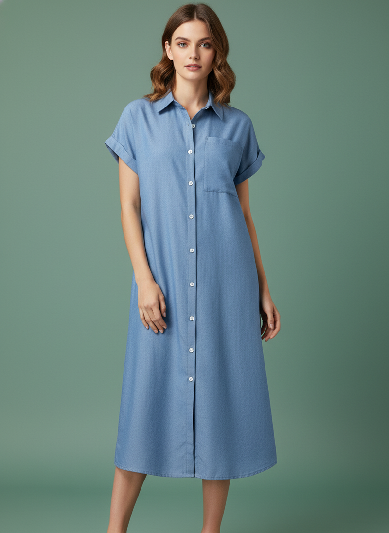 Solid Color Denim Short Sleeve Jumpsuit Slit Skirt
