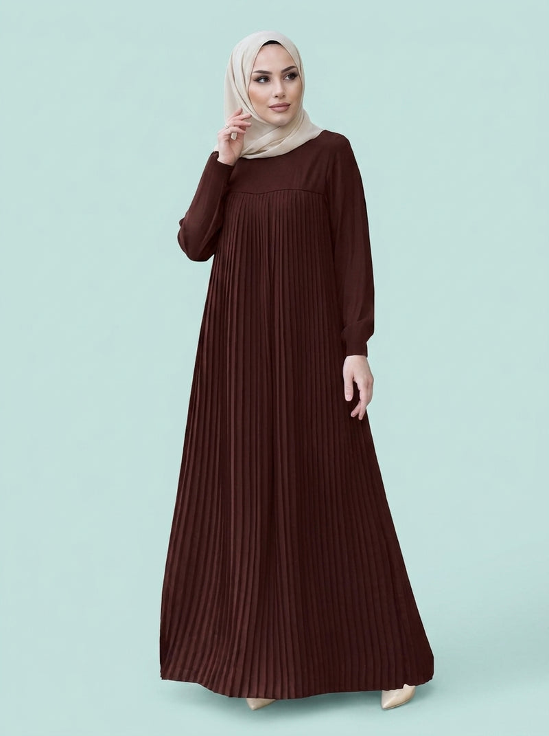 Pleated Skirt Solid Color Round Neck Long Sleeve Dress