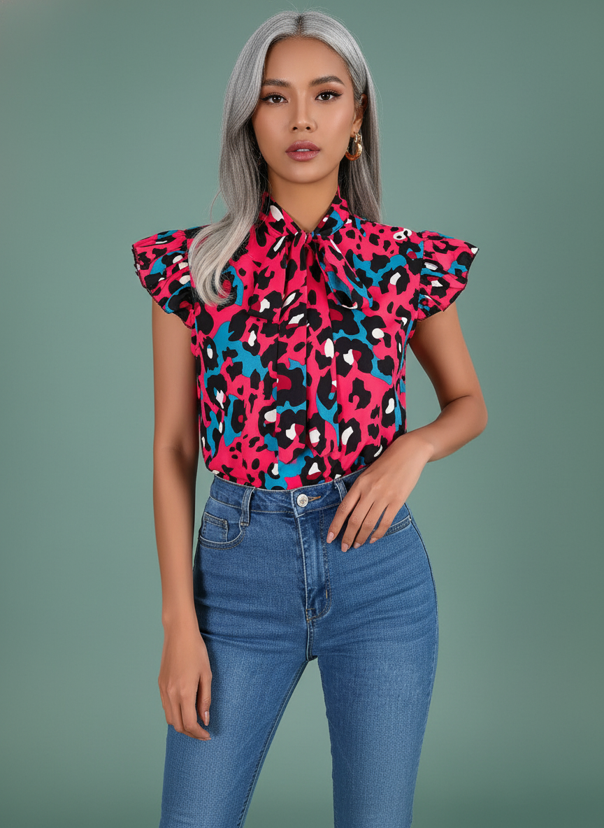 Leopard Print Ruffle Trim Tie Chiffon Blouse Top