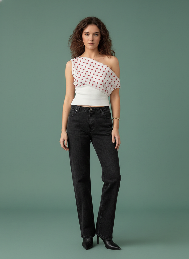 Polka Dots Print Oblique Shoulder Tops Patchwork Chiffon