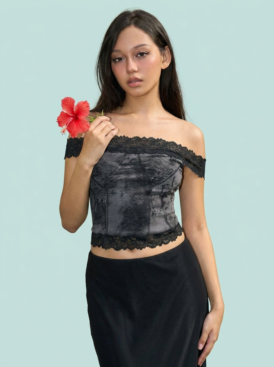 Lace Stitching Printing Top