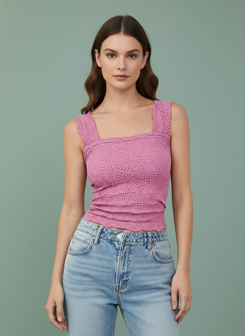 Slim Fit Square Neck Vest Jacquard Sleeveless Top Clothing