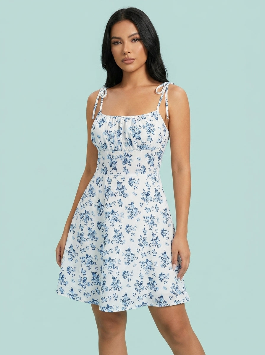 Floral Print Dress Sweet A- Line Waist Trimming Dresses