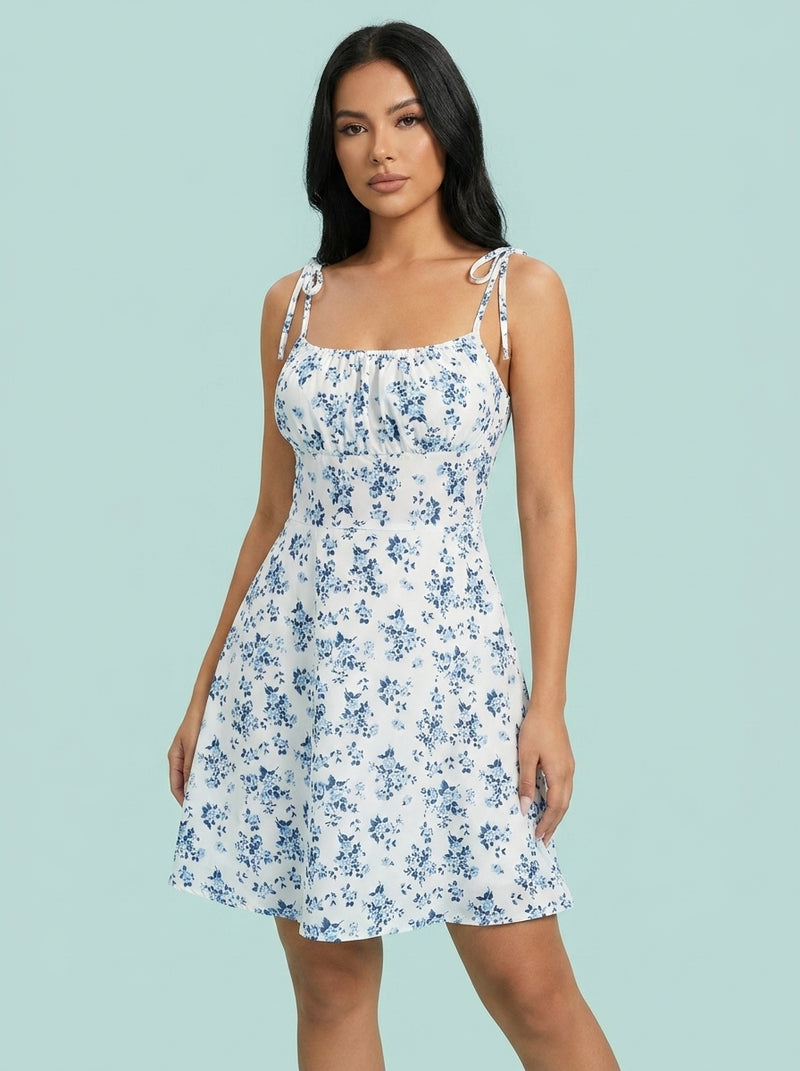 Floral Print Dress Sweet A- Line Waist Trimming Dresses