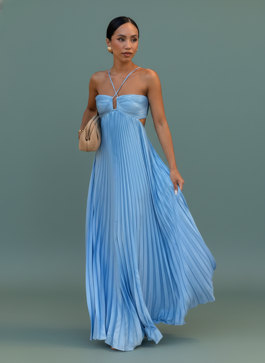 Ins Pleated Sleeveless Sling Dress Hollow High Waist Halter