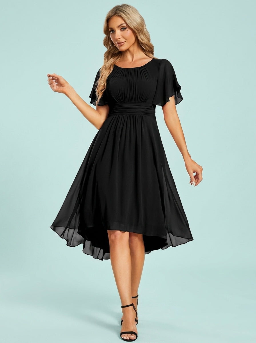 Round Neck Pleated Short Sleeve Wedding Elegant Evening