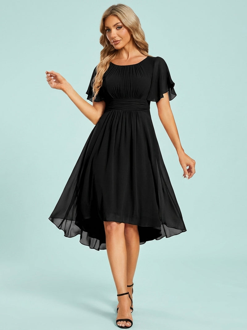 Round Neck Pleated Short Sleeve Wedding Elegant Evening