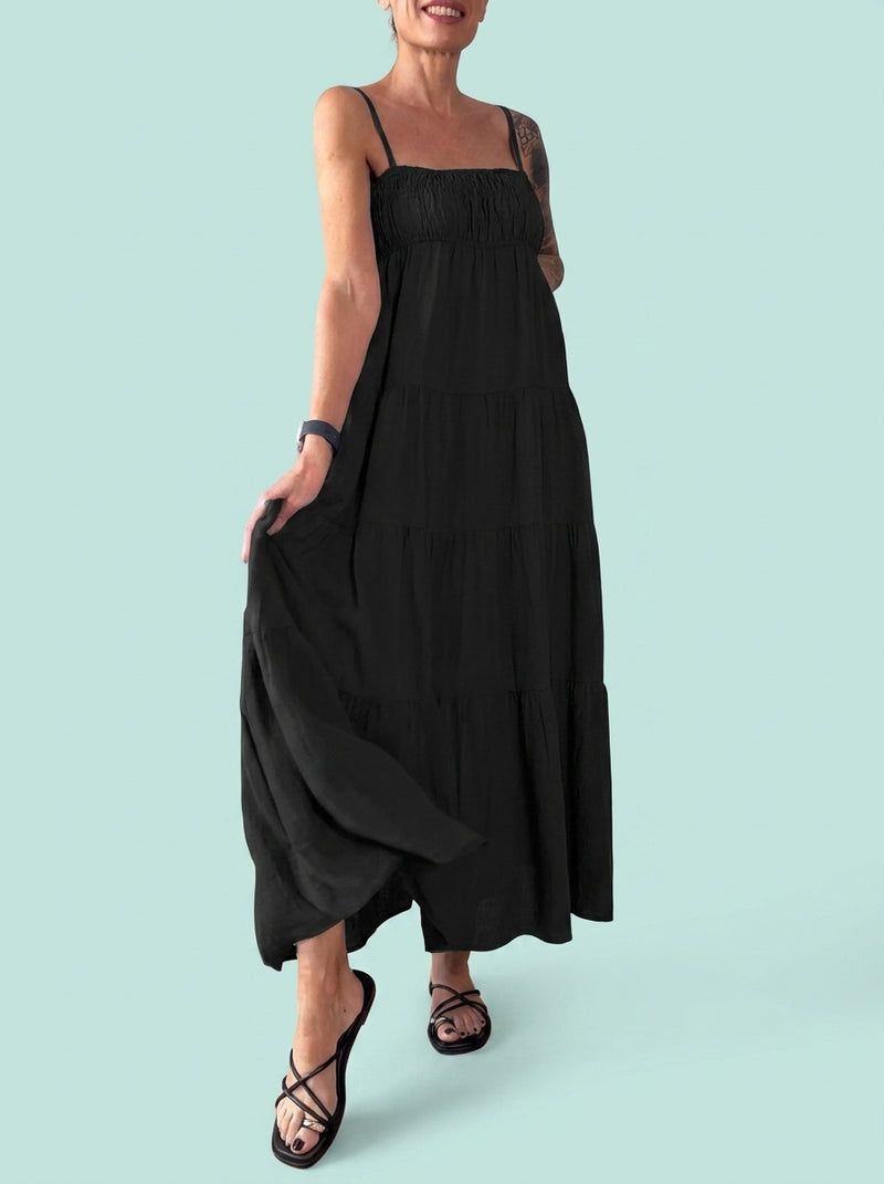 Solid Color Chest Wrap Pleated Suspender Dress