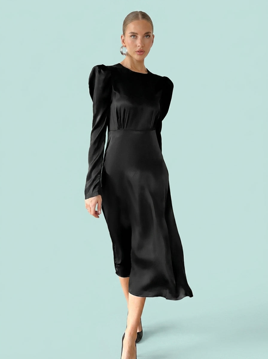 Satin Round Neck Puff Sleeve Dress