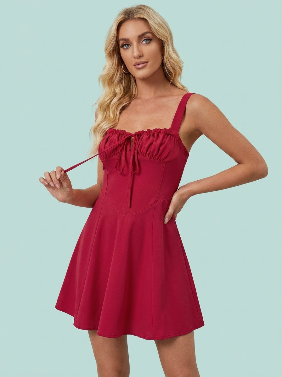 Sleeveless Solid Color A-line Dress Lace-up Suspender Mini