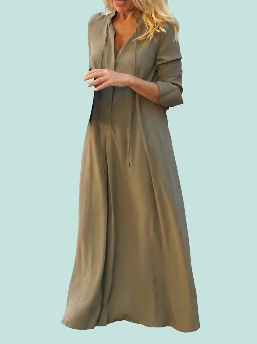 Long-sleeved Shirt Dress Loose V-neck Long Dresses And