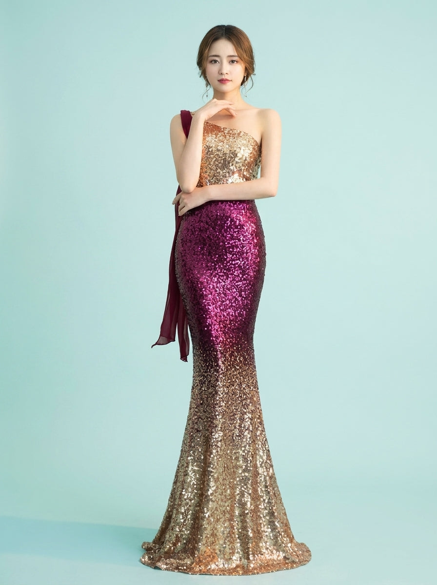 One Shoulder Fishtail Sequin Slim Fit Evening Dress