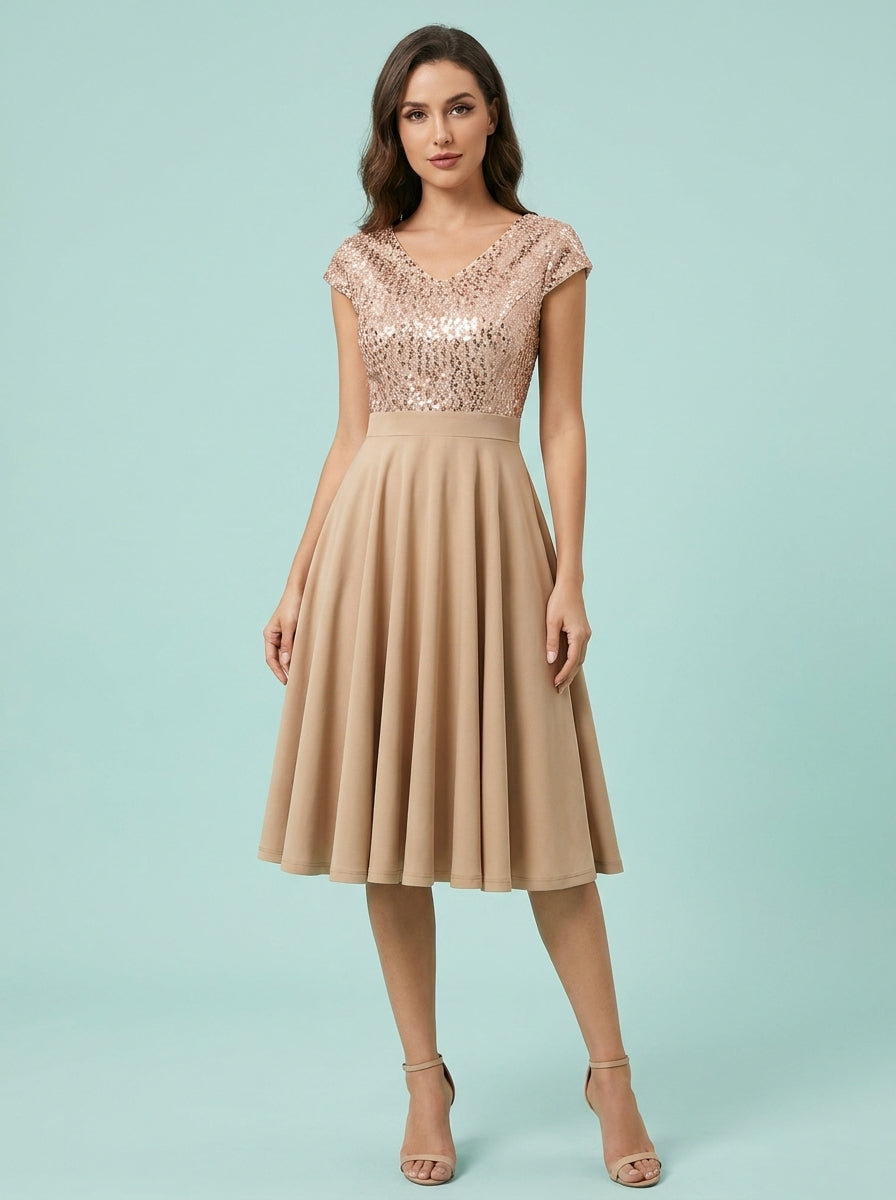 Elegant Sequin V Neck Cap Sleeves Pleated Evening Cocktail