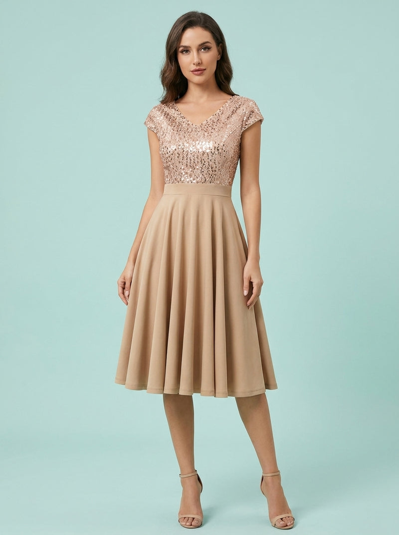 Elegant Sequin V Neck Cap Sleeves Pleated Evening Cocktail