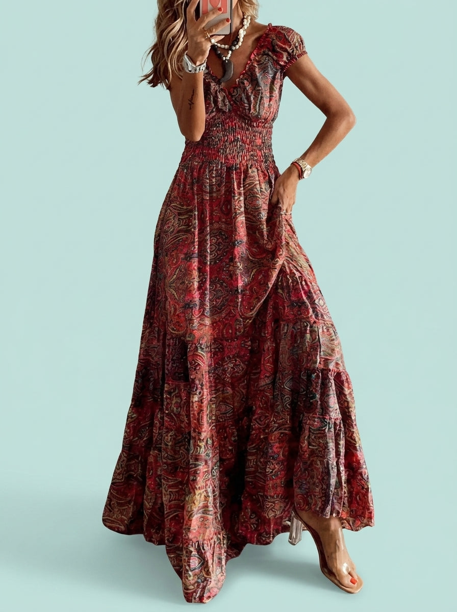 Floral Print A-Line Dress Waist-Cinching Mid-Length Dresses