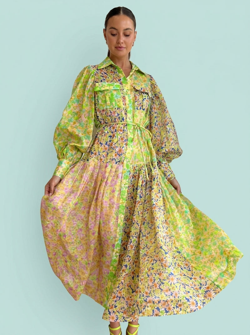 Floral Color Matching Lantern Sleeve Dress