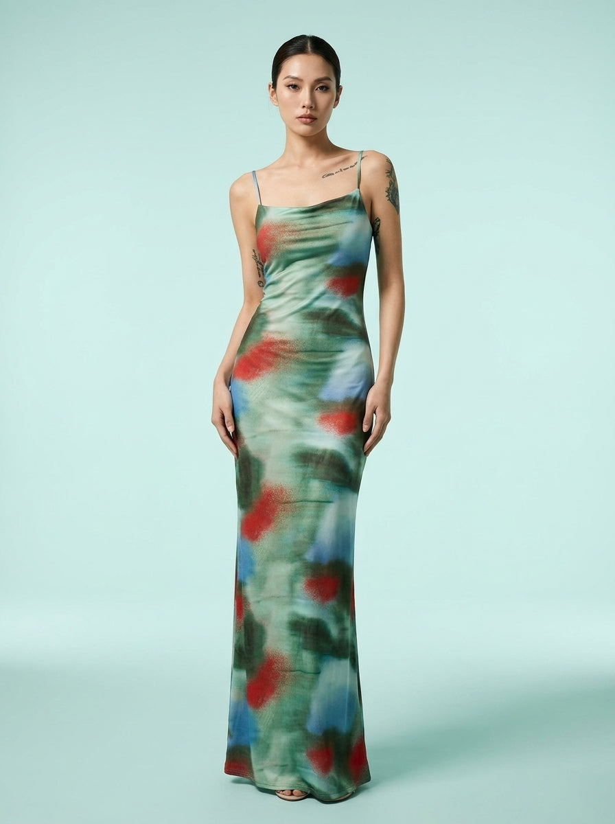 Oil Painting Tie Dye Printing Slip Dress