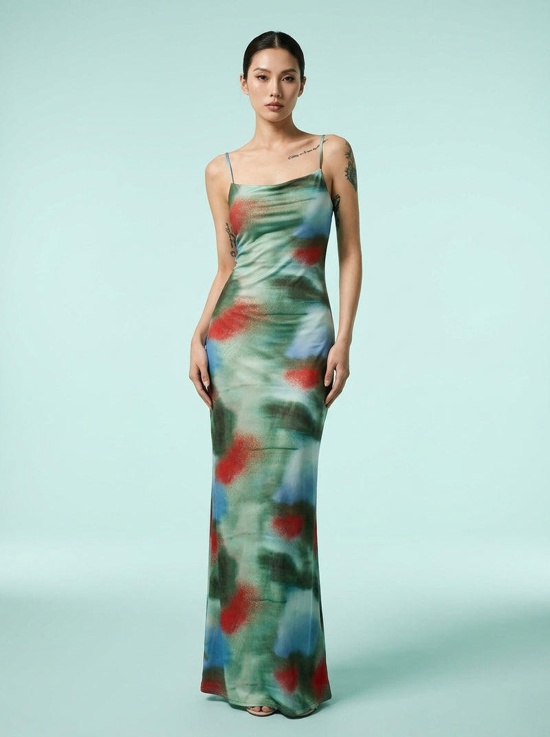 Oil Painting Tie Dye Printing Slip Dress