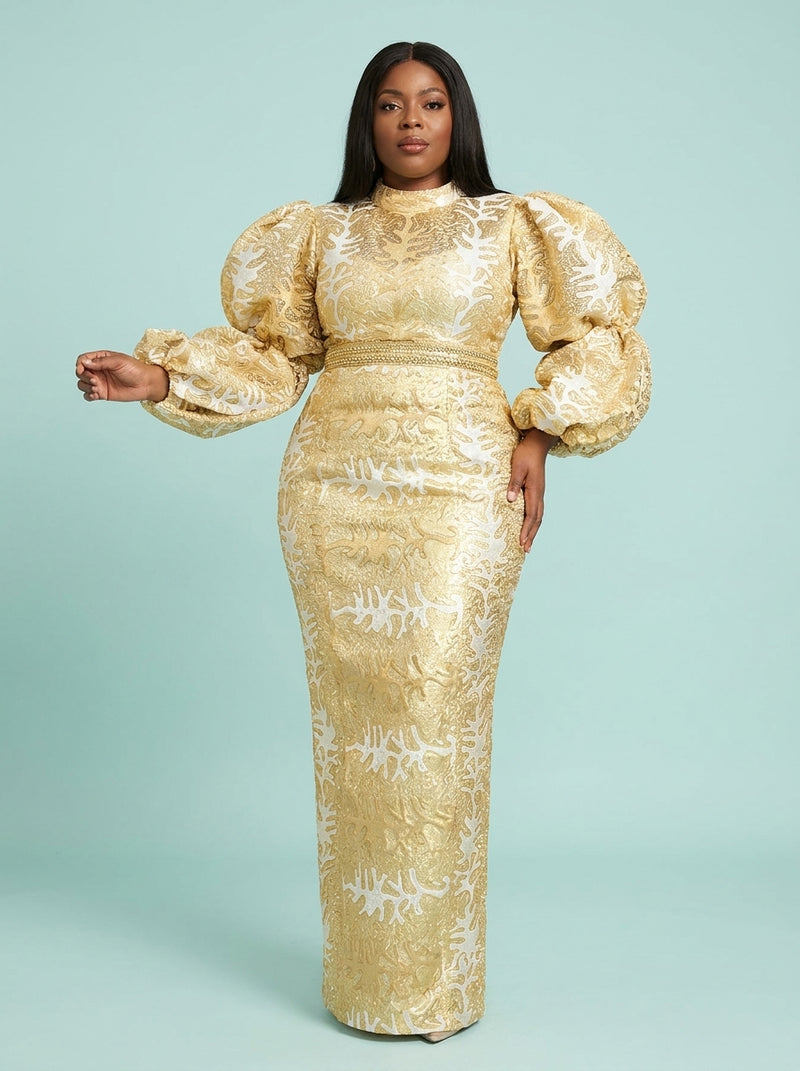Crew Neck High Waist Puff Sleeve Dress