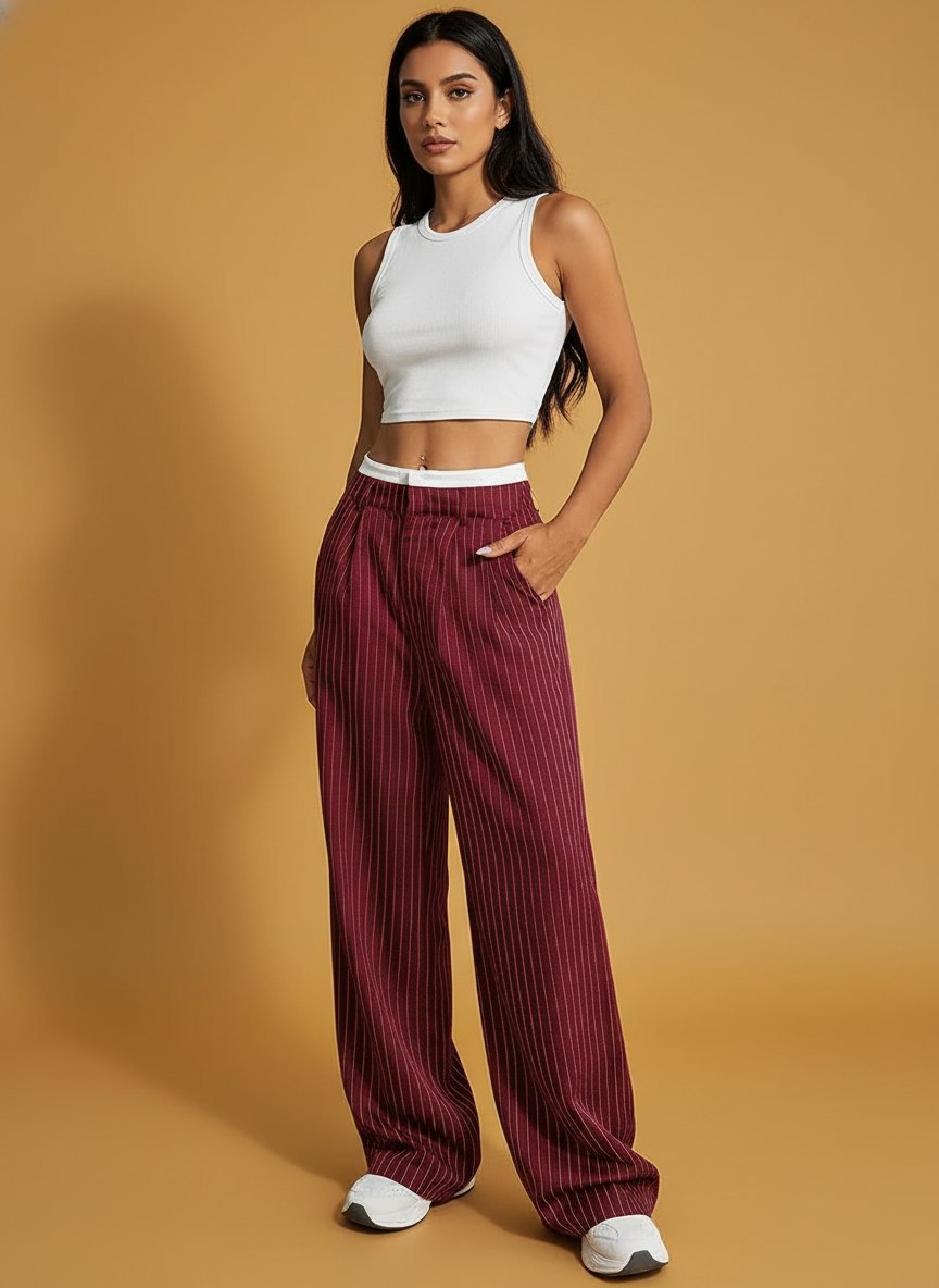 Stripe Printed Trousers High Waist Straight Leg Pants With