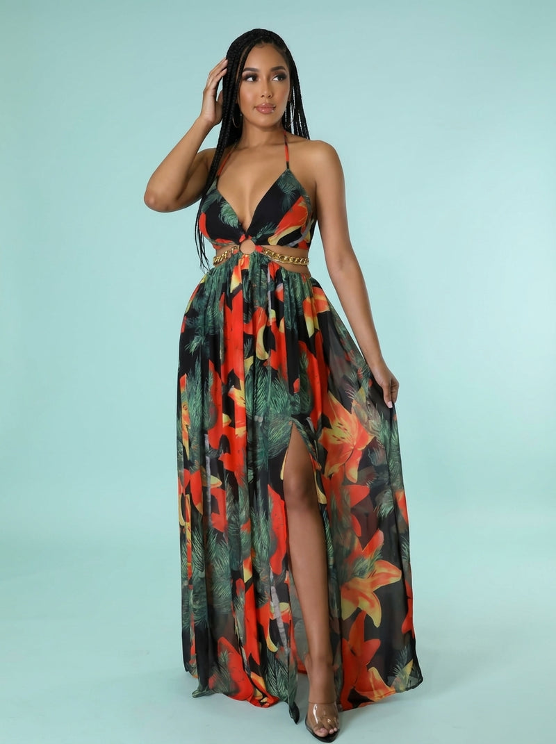 Elegant Floral Print Halter V-neck Backless Side-Slit Dress