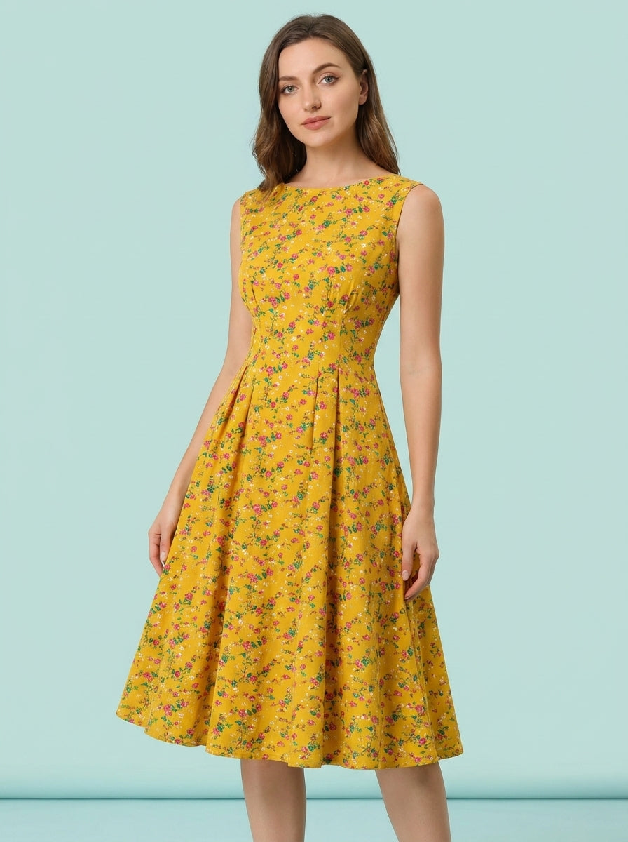 Floral Sleeveless Mid-length Large Swing Dress