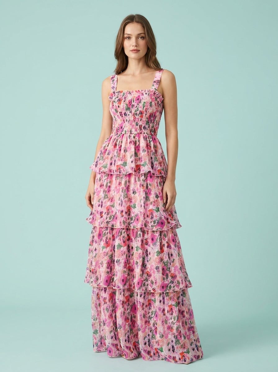 Floral Vacation Style Suspender Layered Dress